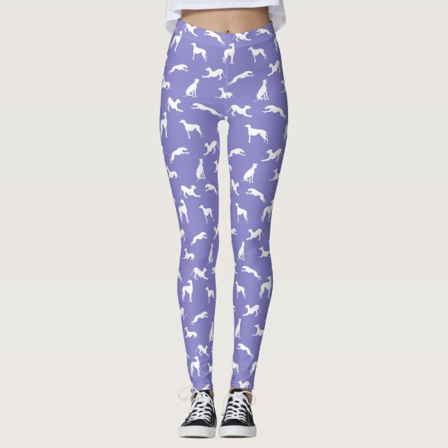 Greyhound-Silhouetten Weiß auf Lila Leggings (Vorderseite)