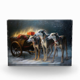 Greyhound Snowy Sleigh Weihnachtsdekor Fotoblock
