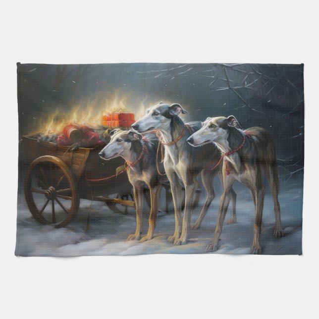 Greyhound Snowy Sleigh Weihnachtsdekor Geschirrtuch (Horizontal)