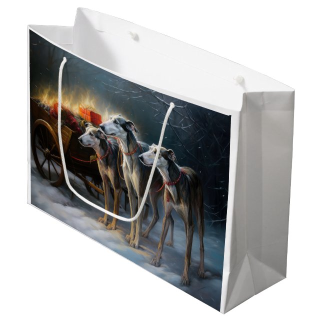 Greyhound Snowy Sleigh Weihnachtsdekor Große Geschenktüte (Vorderseite Schrägansicht)