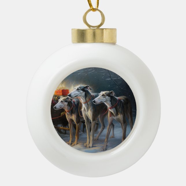 Greyhound Snowy Sleigh Weihnachtsdekor Keramik Kugel-Ornament (Vorderseite)