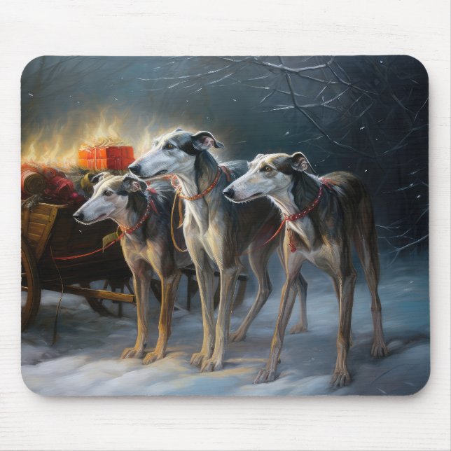 Greyhound Snowy Sleigh Weihnachtsdekor Mousepad (Vorne)