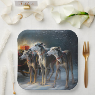 Greyhound Snowy Sleigh Weihnachtsdekor Pappteller