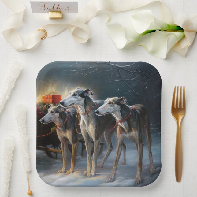 Greyhound Snowy Sleigh Weihnachtsdekor Pappteller (Hochzeit)