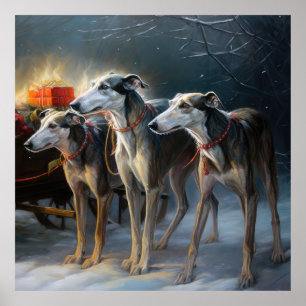 Greyhound Snowy Sleigh Weihnachtsdekor Poster
