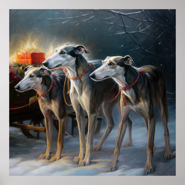 Greyhound Snowy Sleigh Weihnachtsdekor Poster (Vorne)