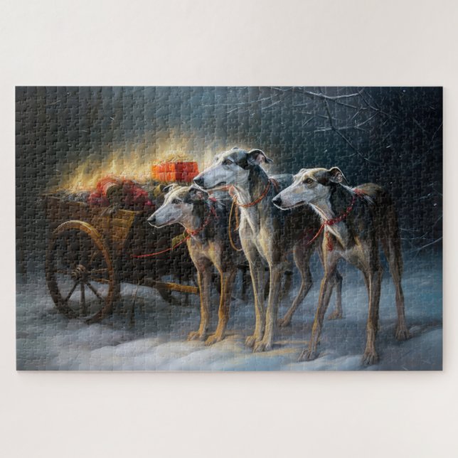 Greyhound Snowy Sleigh Weihnachtsdekor Puzzle (Horizontal)