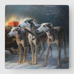 Greyhound Snowy Sleigh Weihnachtsdekor Quadratische Wanduhr
