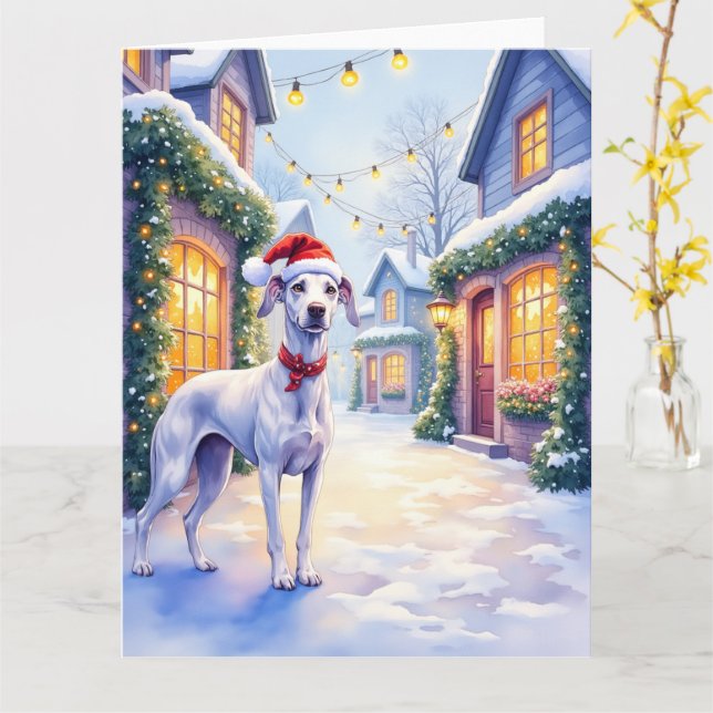 Greyhound Snowy Village Santa Hat Christmas Art Karte (Gelbe Blume)