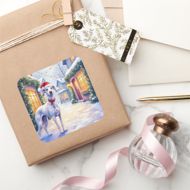Greyhound Snowy Village Santa Hat Christmas Art Quadratischer Aufkleber (Schenken)