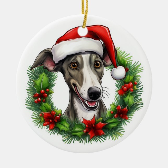 Greyhound Weihnachtskranz Keramik Ornament (Vorne)