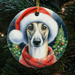 Greyhound Weihnachtsmannmütze Wasserfarben Weihnac Keramik Ornament<br><div class="desc">Niedlicher Watercolor Greyhound Tragen einer Weihnachtsmannmütze Weihnachtsschmuck mit Vintagen Tönen und einem Weihnachtsbaum im Hintergrund. Das perfekte Geschenk für Windhund-Liebhaber.</div>