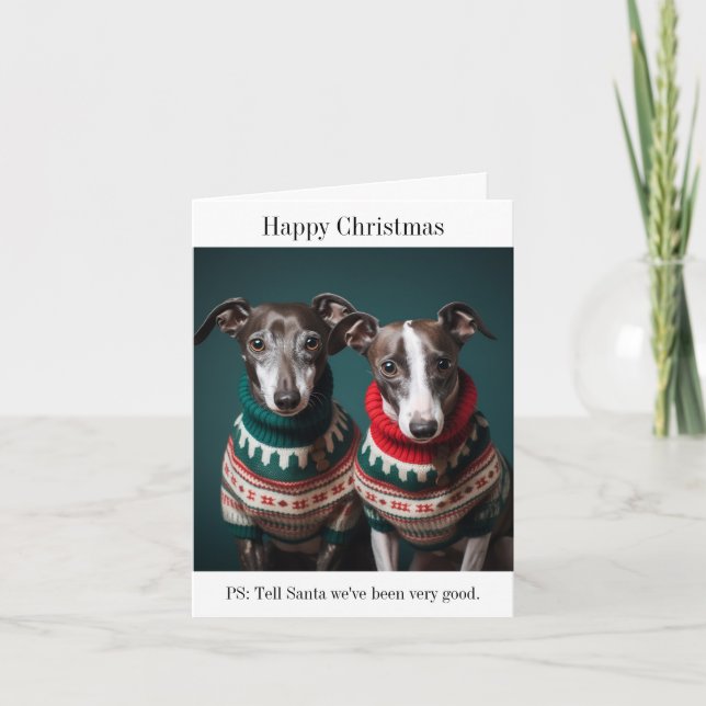 Greyhound Welpen in Weihnachten Sweaters Karte (Vorderseite)