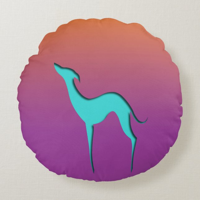 Greyhound Whippet Hund Blau Orange lila ombre Rundes Kissen (Vorderseite)