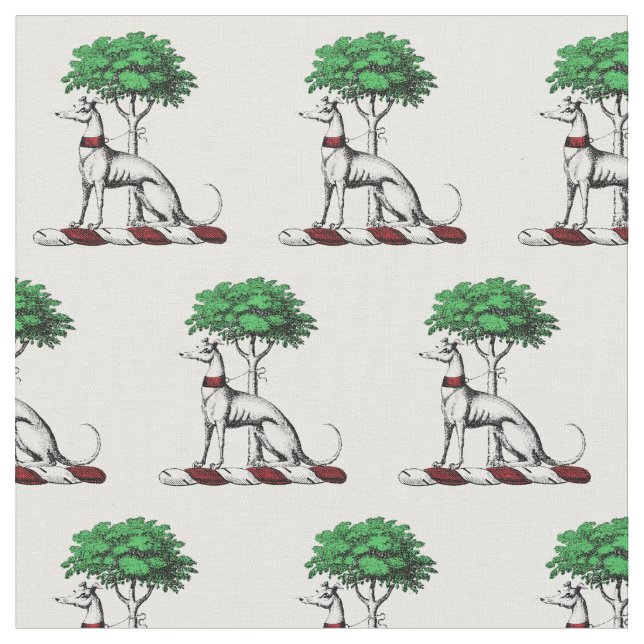 Greyhound Whippet mit Baumkronen-Wappen-Emblem Stoff (Nahaufnahme)