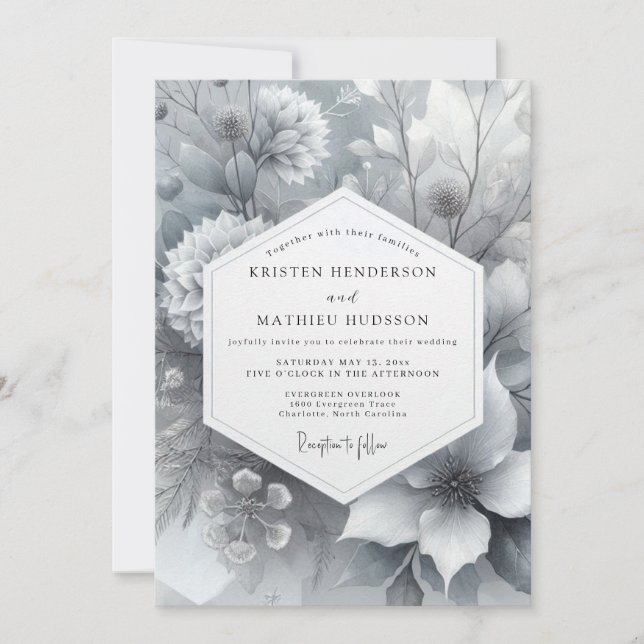 Greyscale Painterly Bloom Wedding Einladung (Vorderseite)