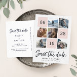 Grid Collage | FOTO SAVE THE DATE Ankündigungspostkarte<br><div class="desc">Mit diesen eleganten, Save the Date Postkarten in trendigem Rosa und Holzkohlegrau kündigen Sie Ihre nächsten Nuptials an. Sechs Ihrer beliebten quadratischen Fotos und Ihr Hochzeitstag in gegrilltem Layout. "Save the Date" erscheint unterhalb einer neuen, lässigen Pinselmarkierungstyp. Personalisieren Sie mit Ihren Namen und Hochzeitsort in reichhaltiger Kohle, und fügen Sie...</div>