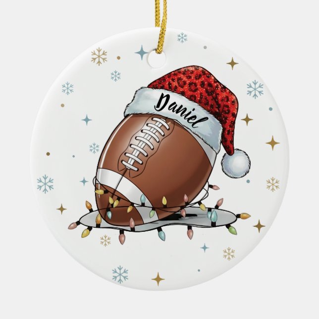 Gridiron Glow: Football with Santa Hat  Keramik Ornament (Vorne)