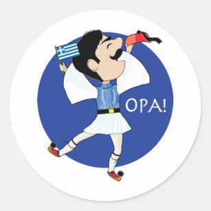 Grieche Evzone Tanzen mit Flagge OPA! Runder Aufkleber