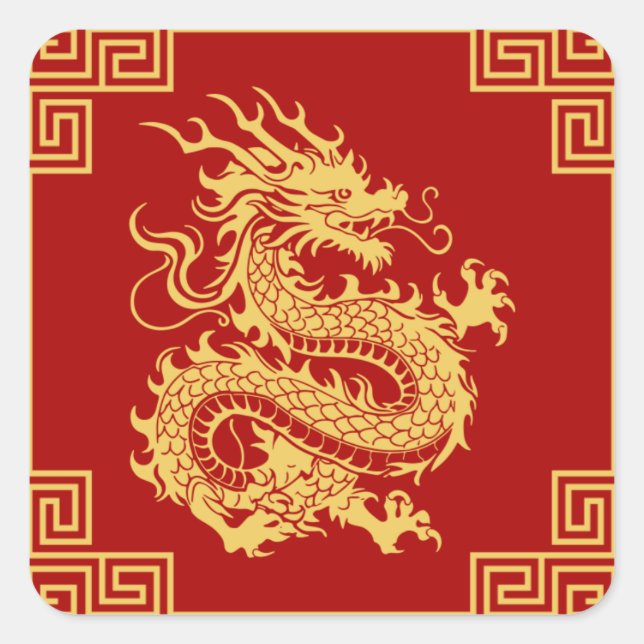Grieche Rahmen Gold Dragon Muster Rot Quadratischer Aufkleber (Vorderseite)
