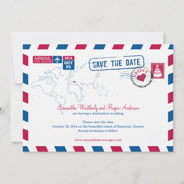 Griechenland Air Mail Wedding rettet das Datum Save The Date (Vorderseite)