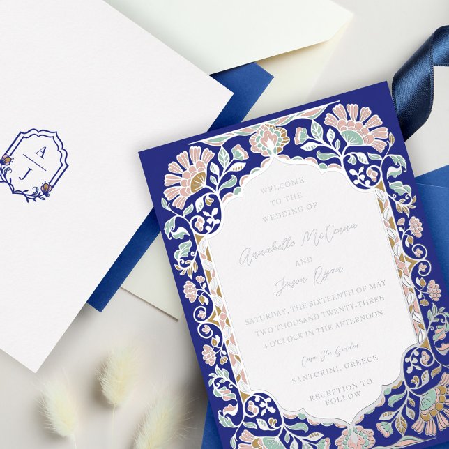 Griechenland Architektur Blumendekor Folieneinladung (Greece Architecture Floral Decorate Frame Wedding Foil Invitation)