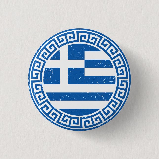 Griechenland-Flags mit griechischem Schlüsselmuste Button (Vorderseite)