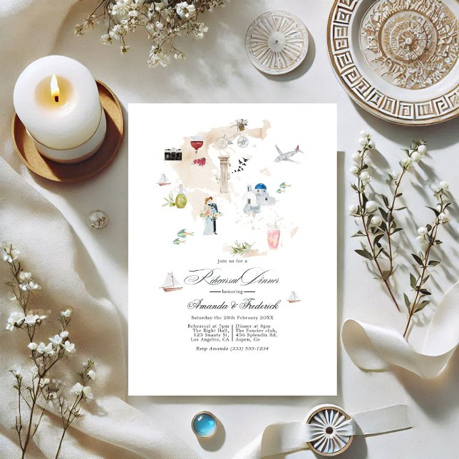 Griechenland Hochzeit in Urlaubsort Probe Abendess Einladung (Greece Destination Wedding Rehearsal Dinner Invitation)