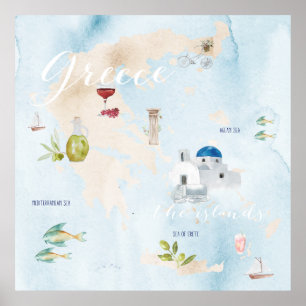 Griechenland Illustrierte Watercolor Wall Art Poster
