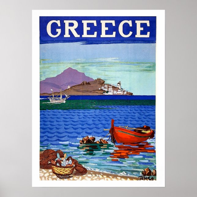 Griechenland, Küste, Fischerboot im Wasser, Vintag Poster (Vorne)