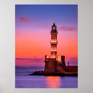 Griechenland Leuchtturm bei Nacht Poster