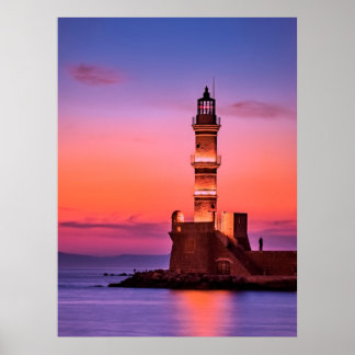 Griechenland Leuchtturm bei Nacht Poster