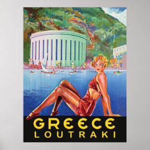 Griechenland, Loutraki, Mädchen am Strand, Vintag Poster