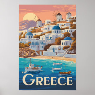 Griechenland Mykonos Illustration Reise Kunst Vint Poster