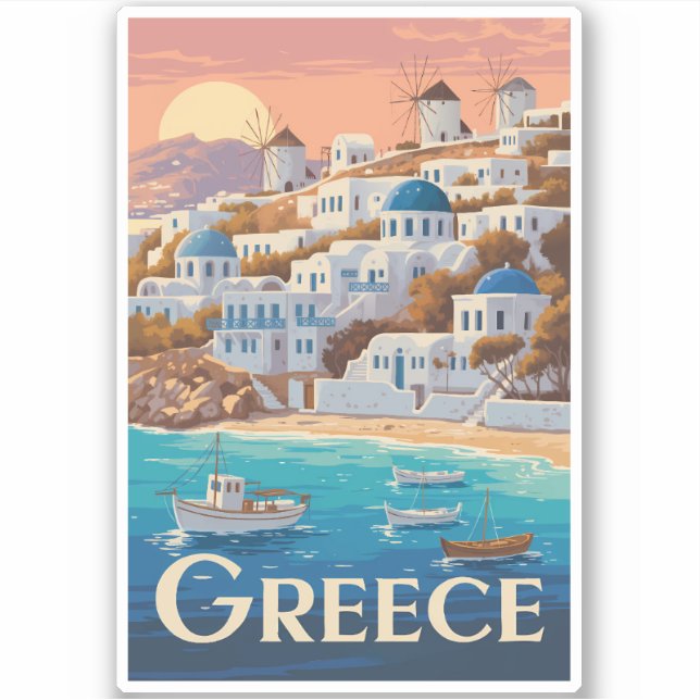 Griechenland Mykonos Illustration Travel Art Vinta Aufkleber (Vorderseite)