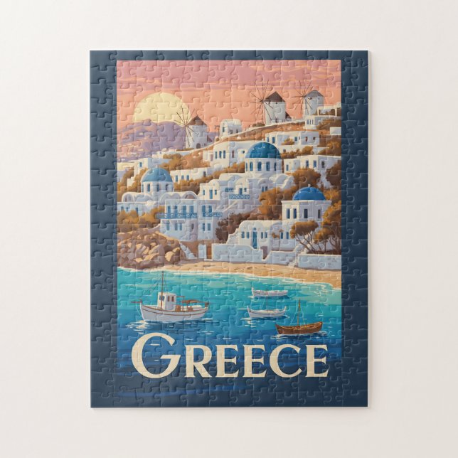 Griechenland Mykonos Illustration Travel Art Vinta Puzzle (Vertikal)