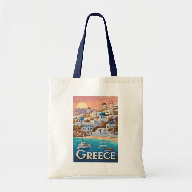 Griechenland Mykonos Illustration Travel Art Vinta Tragetasche (Vorne)
