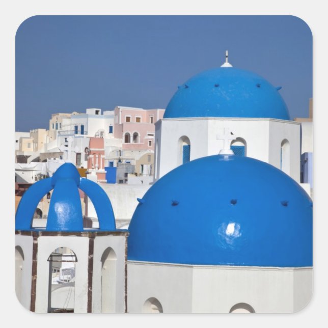 Griechenland, Santorin. Glockenturm und blaue Kupp Quadratischer Aufkleber (Vorderseite)
