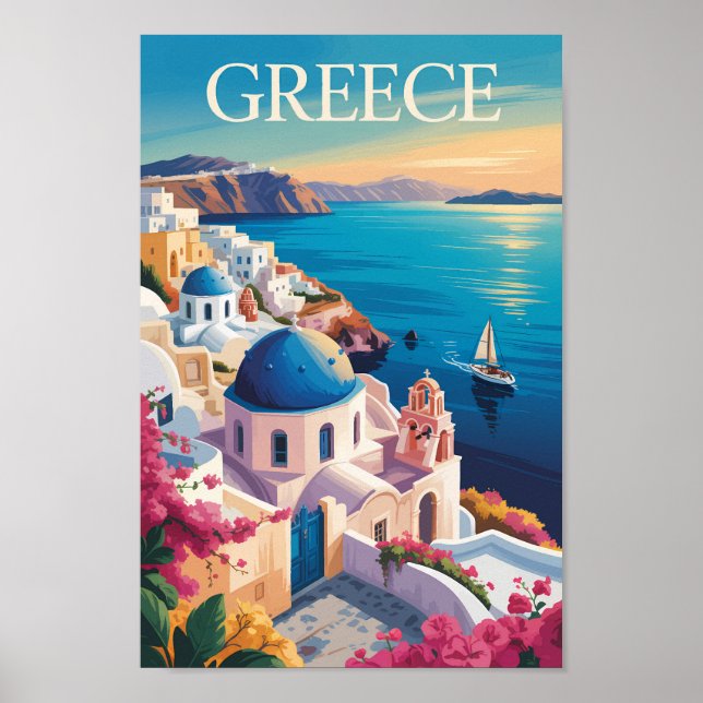 Griechenland Santorini Illustration Travel Art Vin Poster (Vorne)