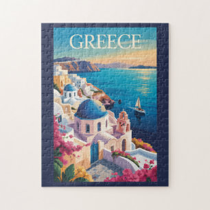 Griechenland Santorini Illustration Travel Art Vin Puzzle