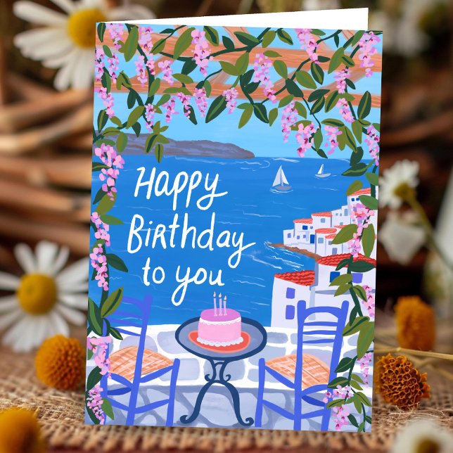 Griechenland Terrasse Aussicht Kunstmalerei glückl Karte (Greece Terrace Island Views Art Painting Happy Birthday Card
)