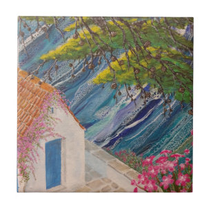 Griechenland Urlaub Blau und Rosa Fliese