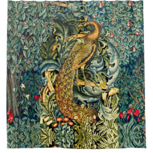 GRIECHENLAND, WALDTIERE, PEACOCK IN GRÜNEN BLUMEN DUSCHVORHANG