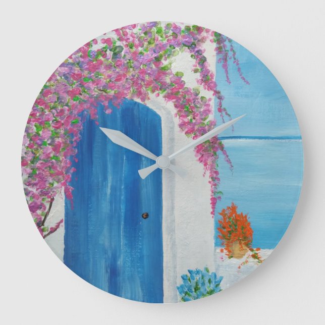 Griechisch-blaue Tür Große Wanduhr (Vorderseite)