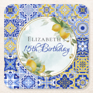 Griechisch Blue Tiles Lemons Gold Glitzer Frame Rechteckiger Pappuntersetzer