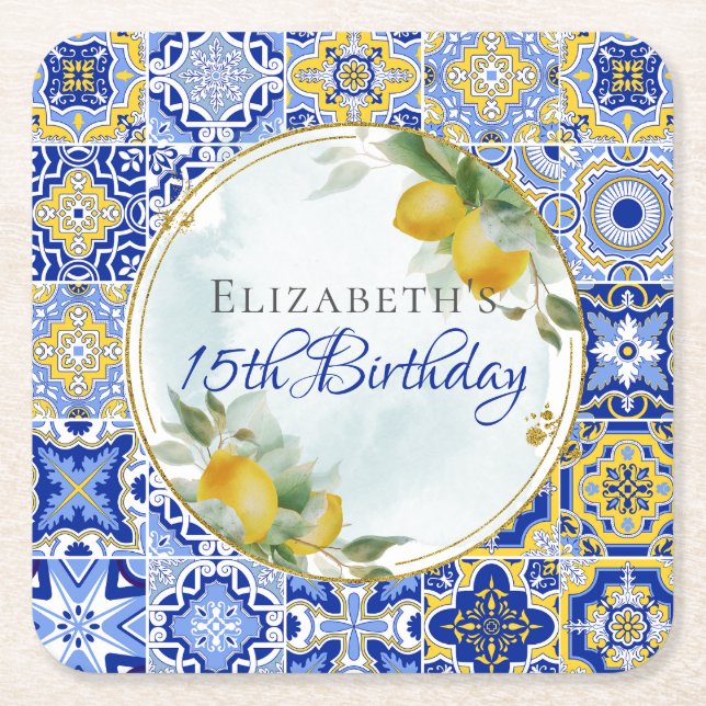 Griechisch Blue Tiles Lemons Gold Glitzer Frame Rechteckiger Pappuntersetzer (Vorderseite)