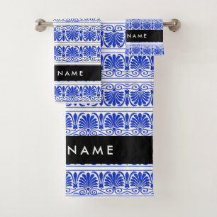 Griechisch Fret Arabesque Blue, Ihr Name, personal Badhandtuch Set