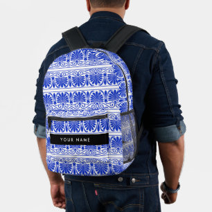 Griechisch Fret Arabesque Blue, Ihr Name, personal Bedruckter Rucksack