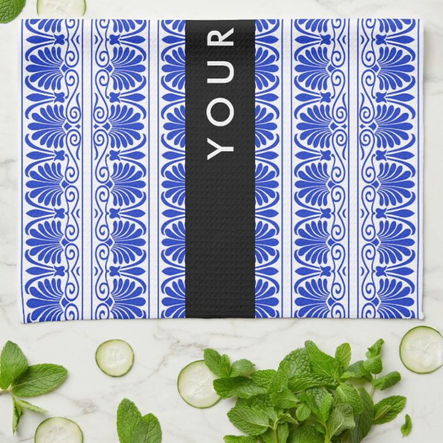 Griechisch Fret Arabesque Blue, Ihr Name, personal Geschirrtuch (Gefaltet)