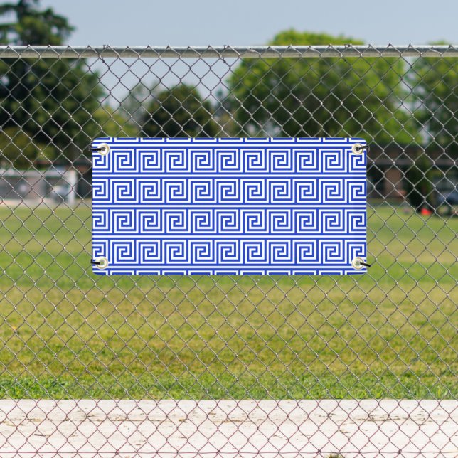 Griechisch Meander Key Squares Muster Blau Banner (Insitu)